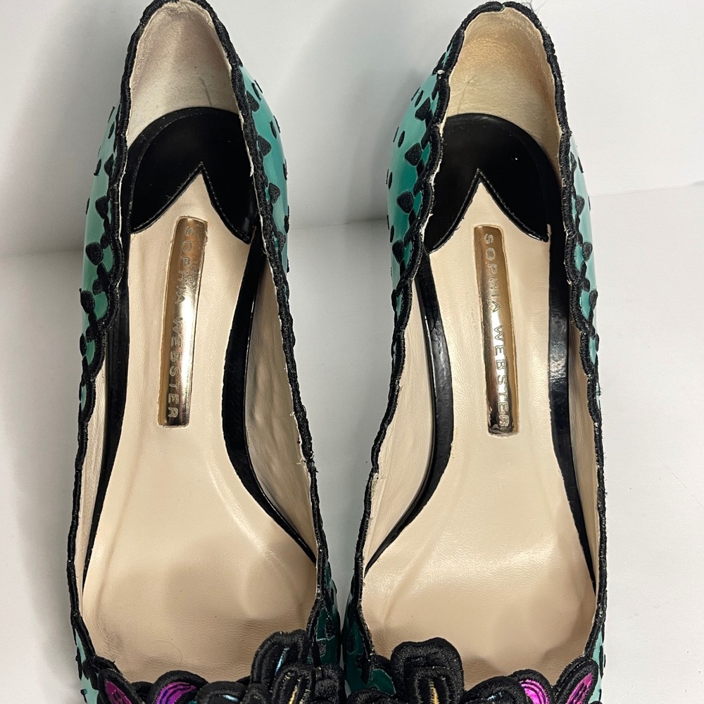 Sophia Webster Lilico Iridescent Teal Green Floral Pumps 36.5 Scalloped Stiletto - Picture 8 of 9